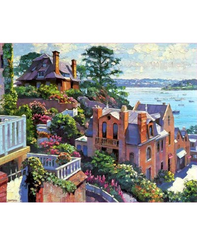 ציור שמן מבנים יפים צבעוניים ונוף ים